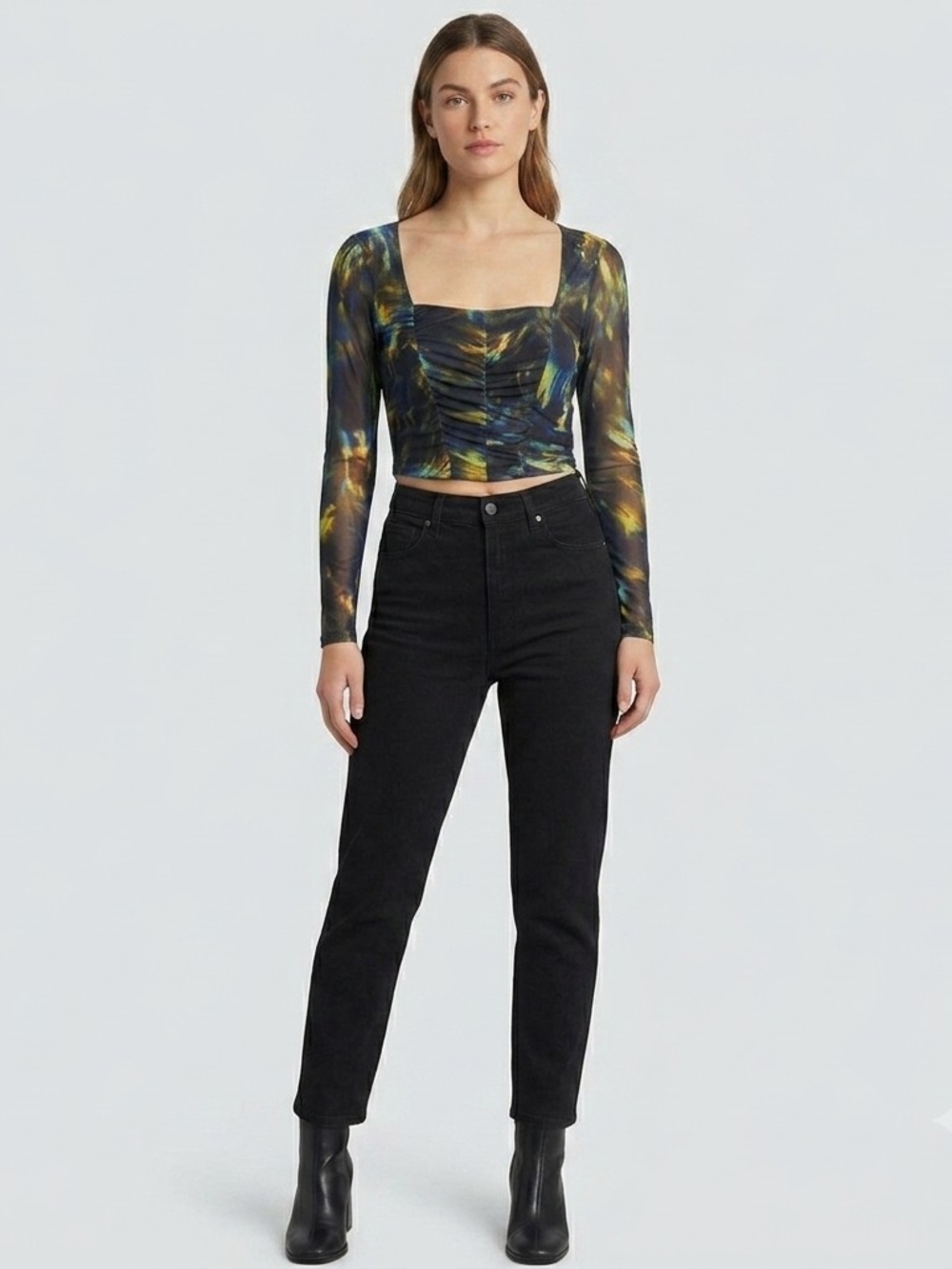 Steve Madden Women’s Large Mesh Long Sleeve Ruched Corset Top Abstract Print